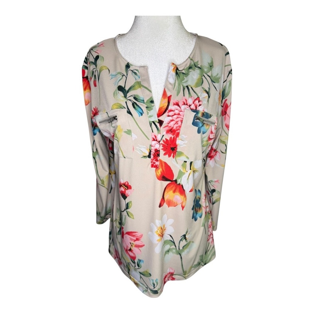 New York & Company Floral Blouse Zipper Pockets 3/4 Sleeve Top Size Small